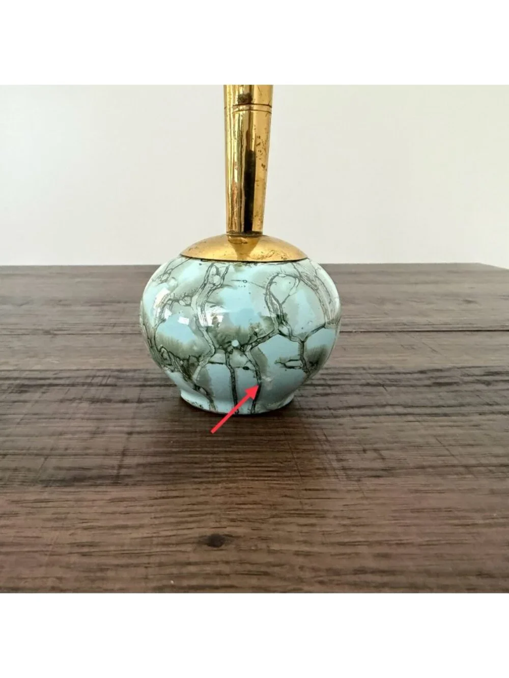Vintage Delft Hand Painted MCM Brass Marbleized Ceramic Floral Bud Vase Art Deco - Picture 8 of 14
